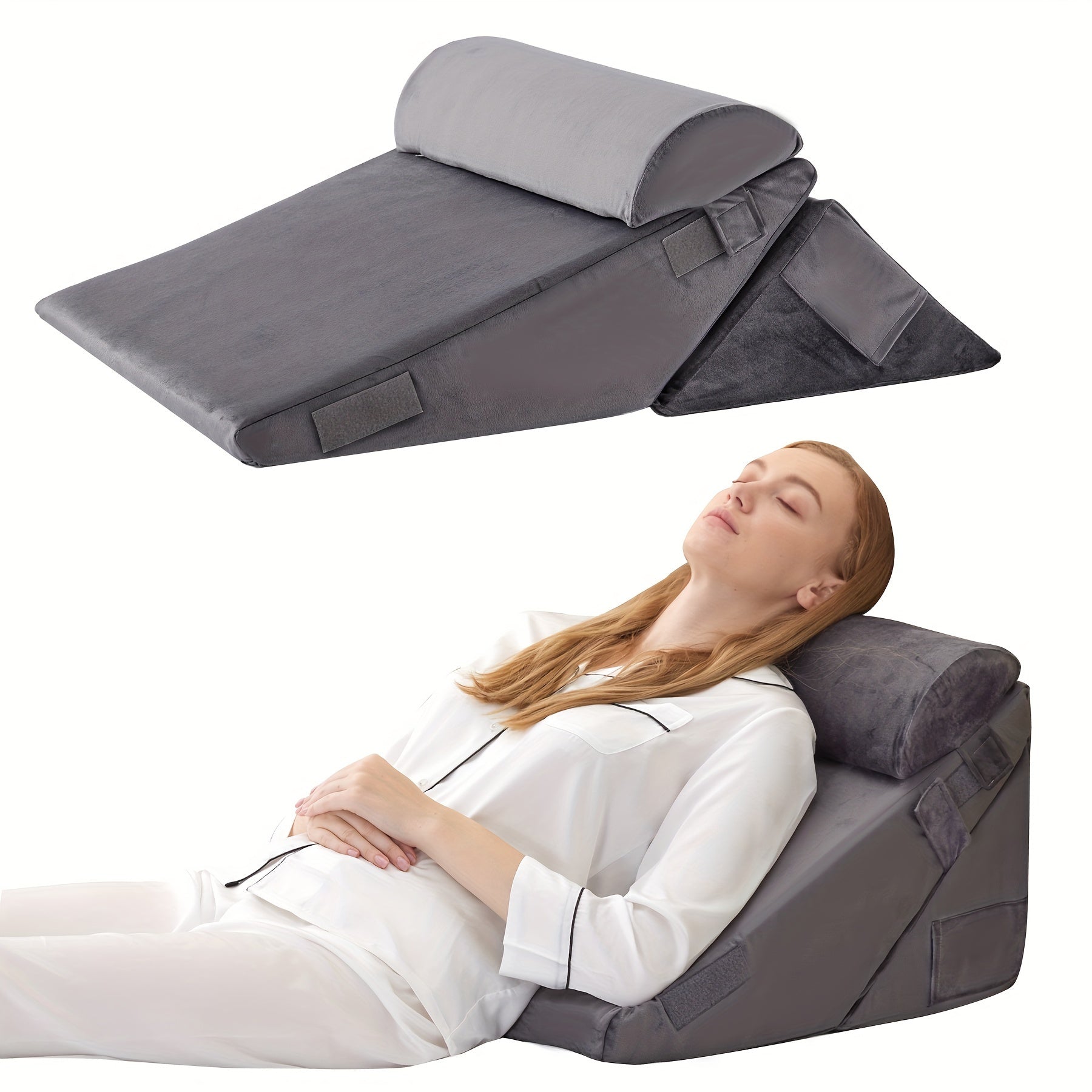 Cojín Cuña Ajustable para Cama – Soporte Lumbar y Piernas con Espuma Viscoelástica — Felpa Corta