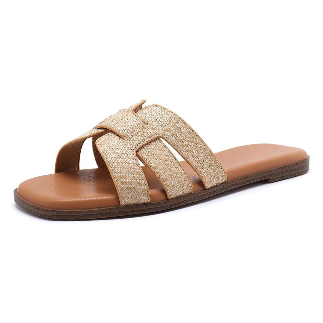 Sandalias Planas Mujer Athlefit | Estilo Moderno, Comodidad con Espuma y Punta Cuadrada Abierta – Color Raffia
