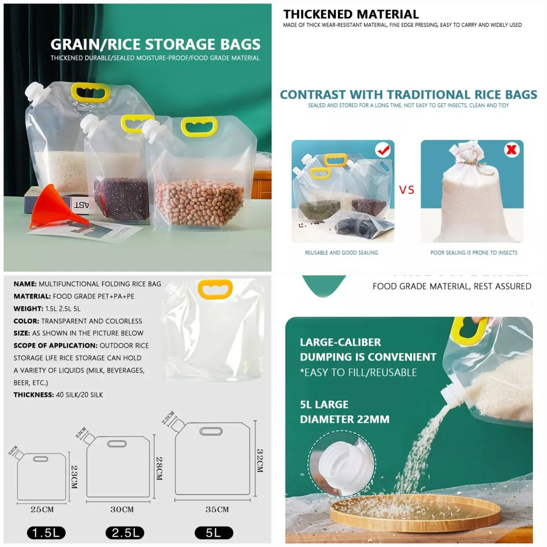 Bolsa de grado alimentario para almacenamiento de cocina, transparente, portátil, a prueba de humedad y con cierre hermético