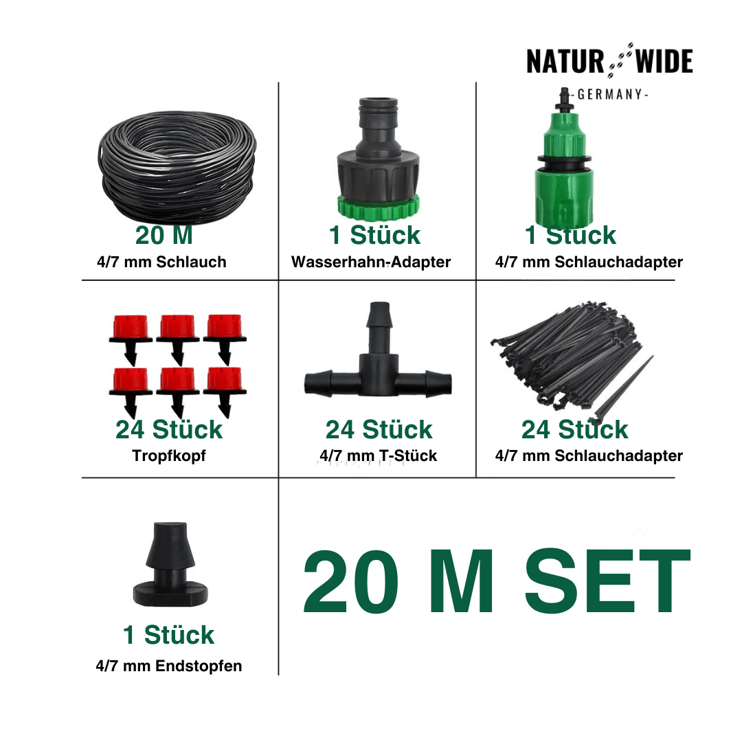 Kit de riego por goteo ajustable para jardín y terraza – Sistema de microaspersión con nebulizadores regulables — 20M