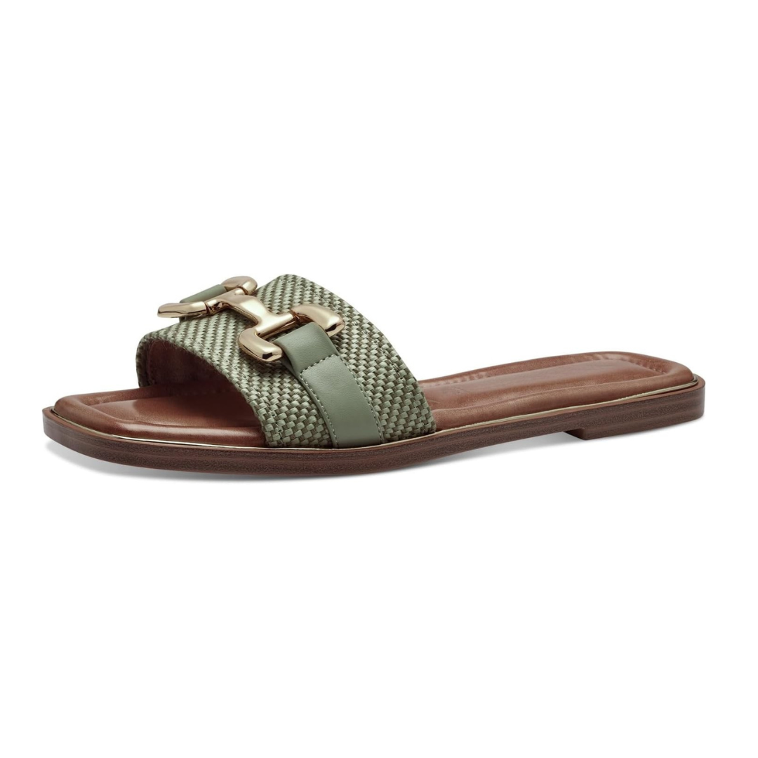 Sandalias Planas Mujer Siena | Elegancia Minimalista, Acabado Texturizado y Detalle Dorado – Color Verde Oliva
