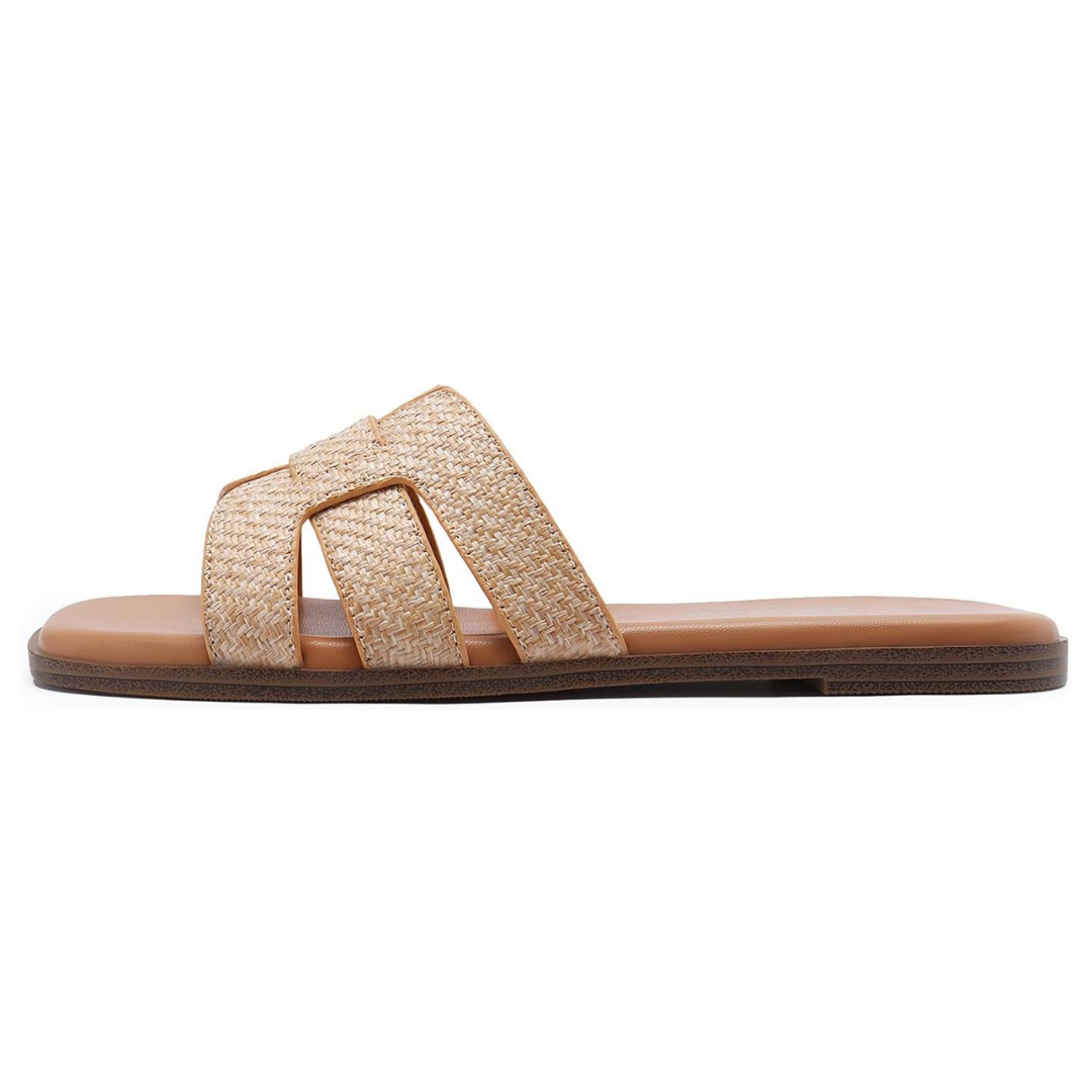 Sandalias Planas Mujer Athlefit | Estilo Moderno, Comodidad con Espuma y Punta Cuadrada Abierta – Color Raffia