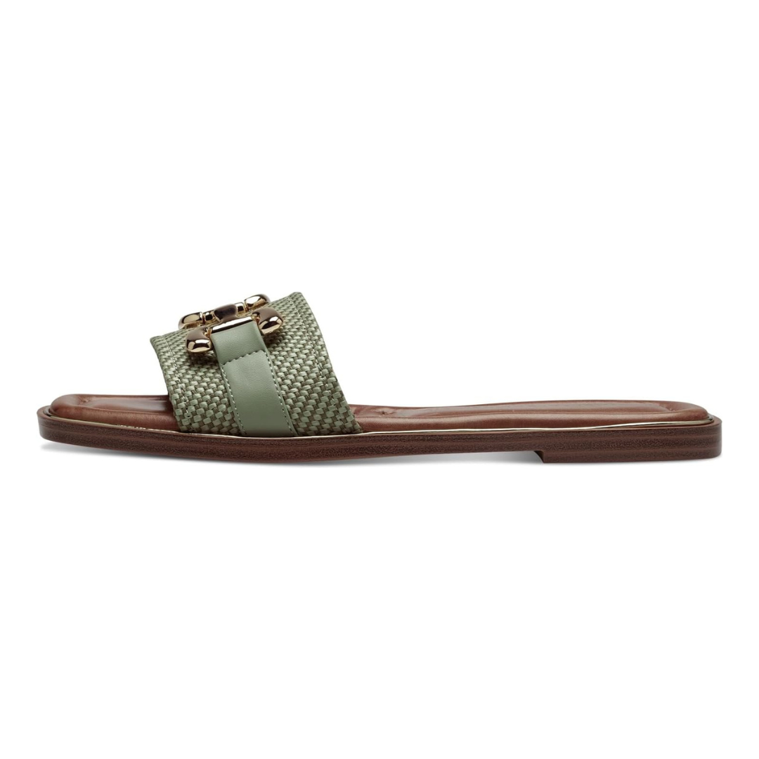 Sandalias Planas Mujer Siena | Elegancia Minimalista, Acabado Texturizado y Detalle Dorado – Color Verde Oliva