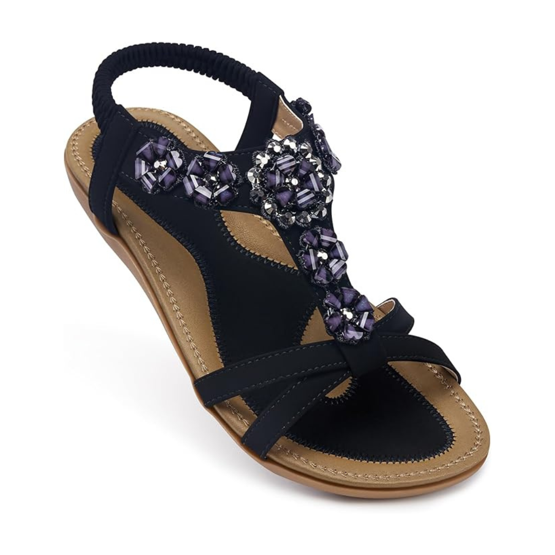 Sandalias Mujer SummerGlam | Flores con Pedrería, Ajuste Elástico y Suela Flexible – Color Negro