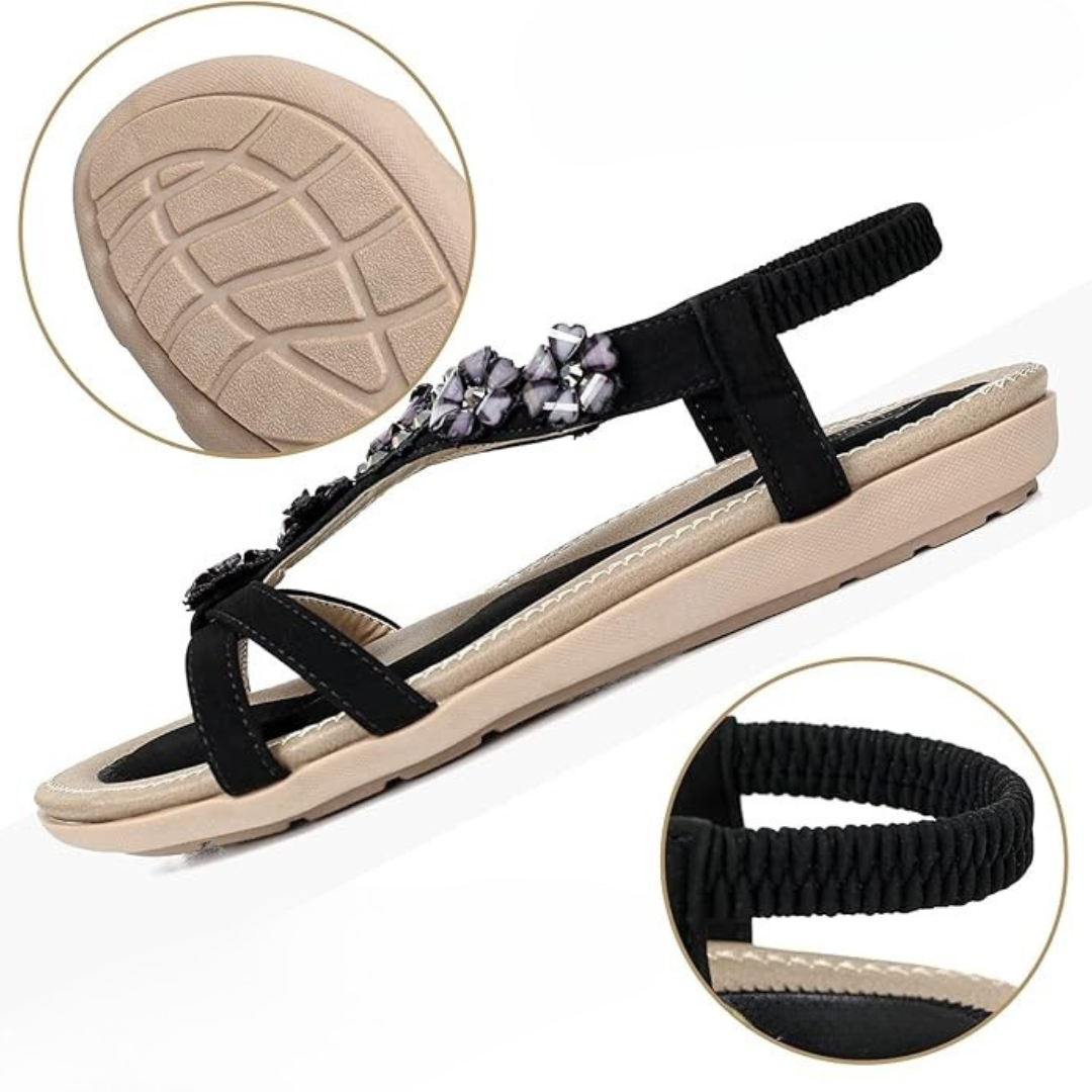 Sandalias Mujer SummerGlam | Flores con Pedrería, Ajuste Elástico y Suela Flexible – Color Negro