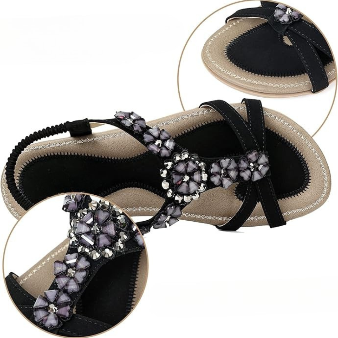 Sandalias Mujer SummerGlam | Flores con Pedrería, Ajuste Elástico y Suela Flexible – Color Negro