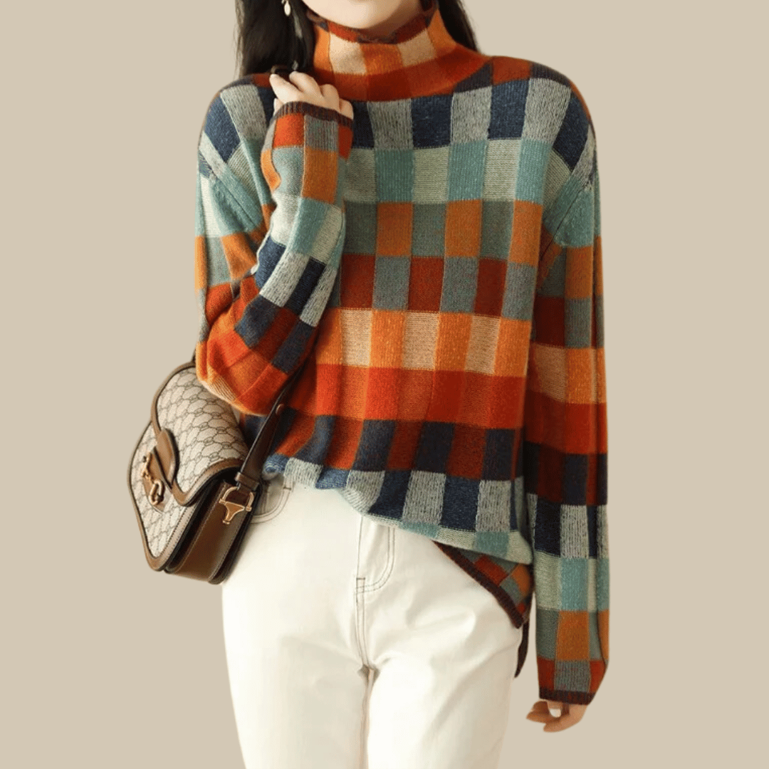 Suéter de cuello alto de cachemira suave | Diseño patchwork elegante