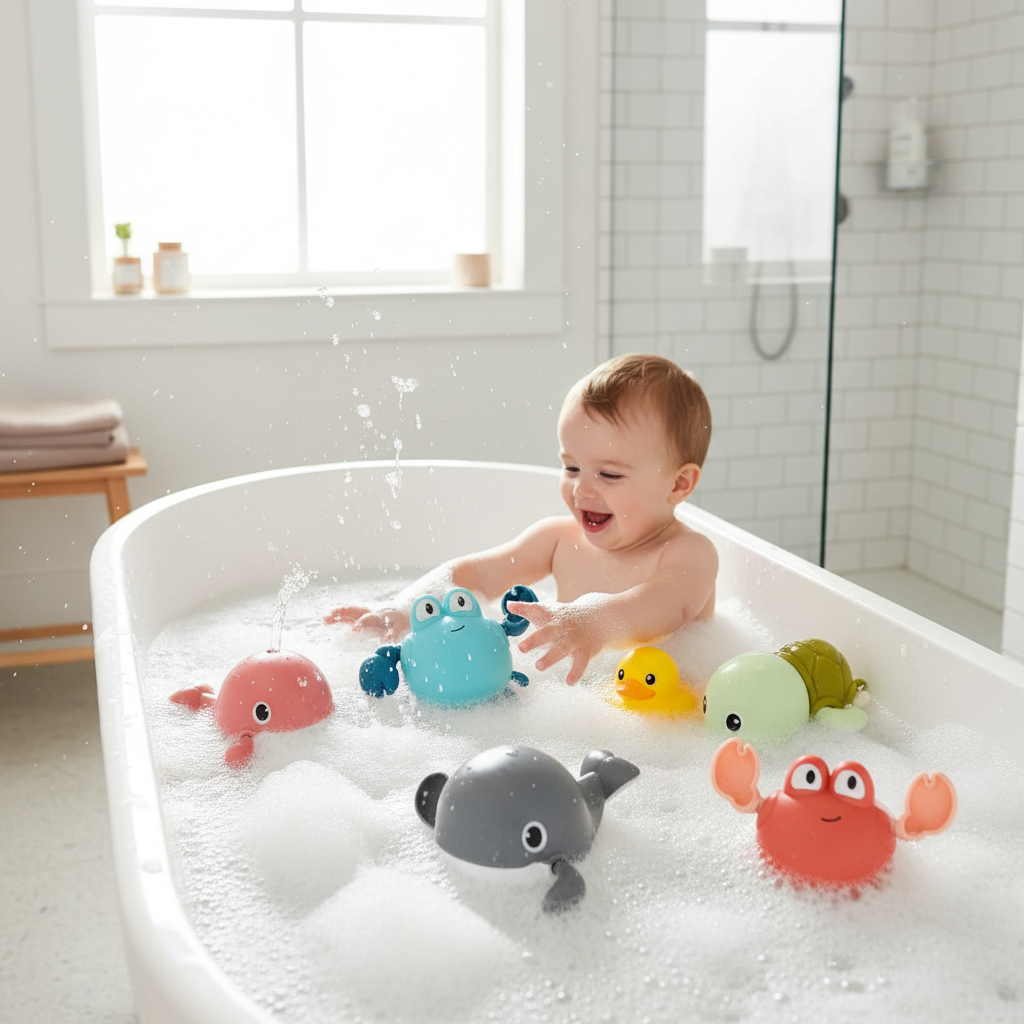 Juguetes de baño con animales marinos que nadan con cuerda