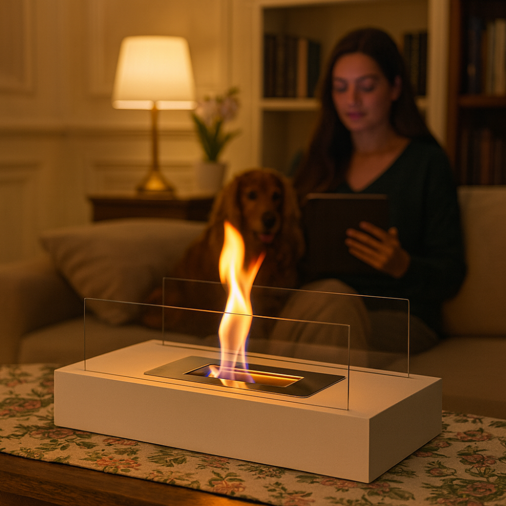 Chimenea de mesa rectangular premium de bioetanol - vidrio de borosilicato y acero de alta calidad