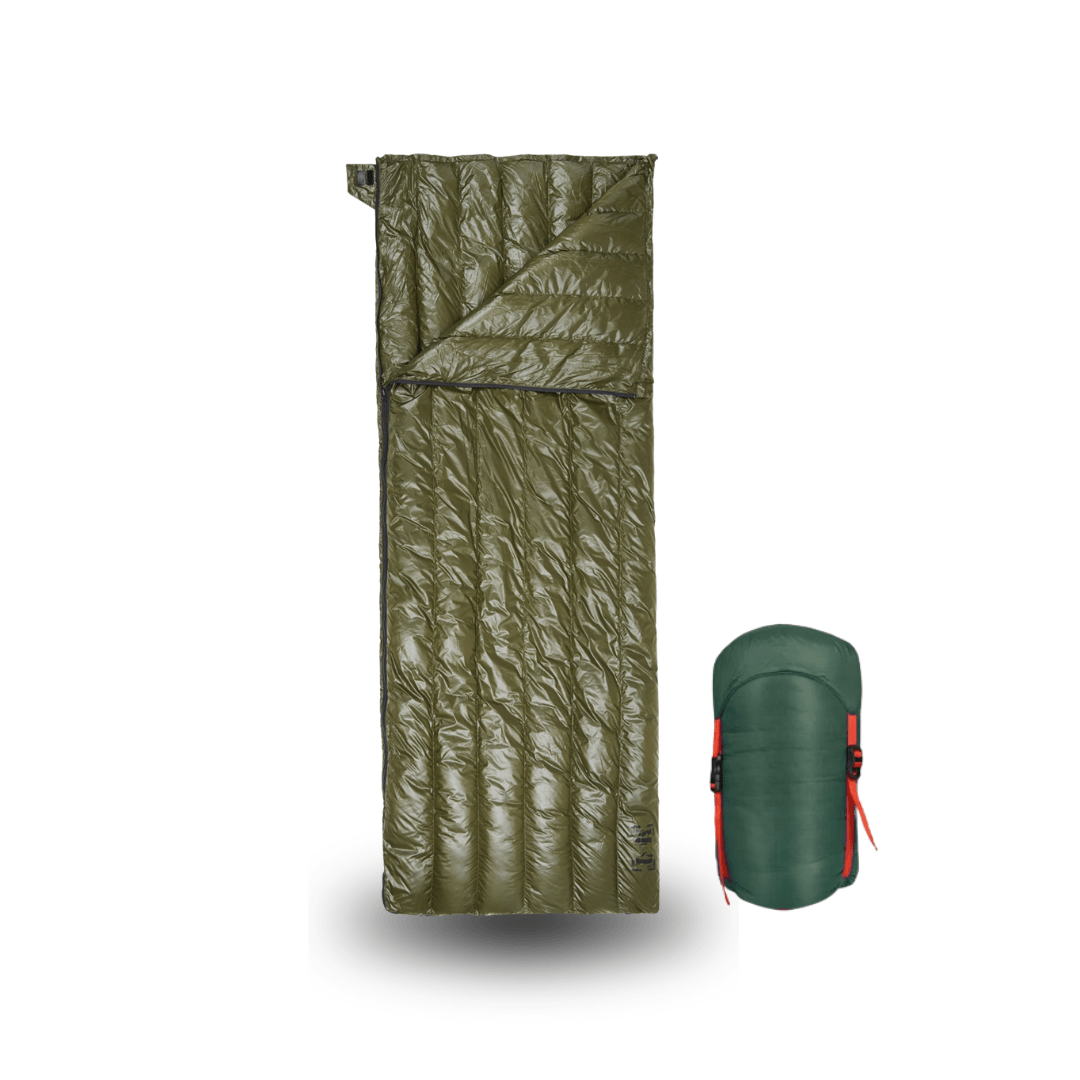 Saco de dormir plumón de oca 90% ultraligero 200×74 cm 3 estaciones sobre — Verde