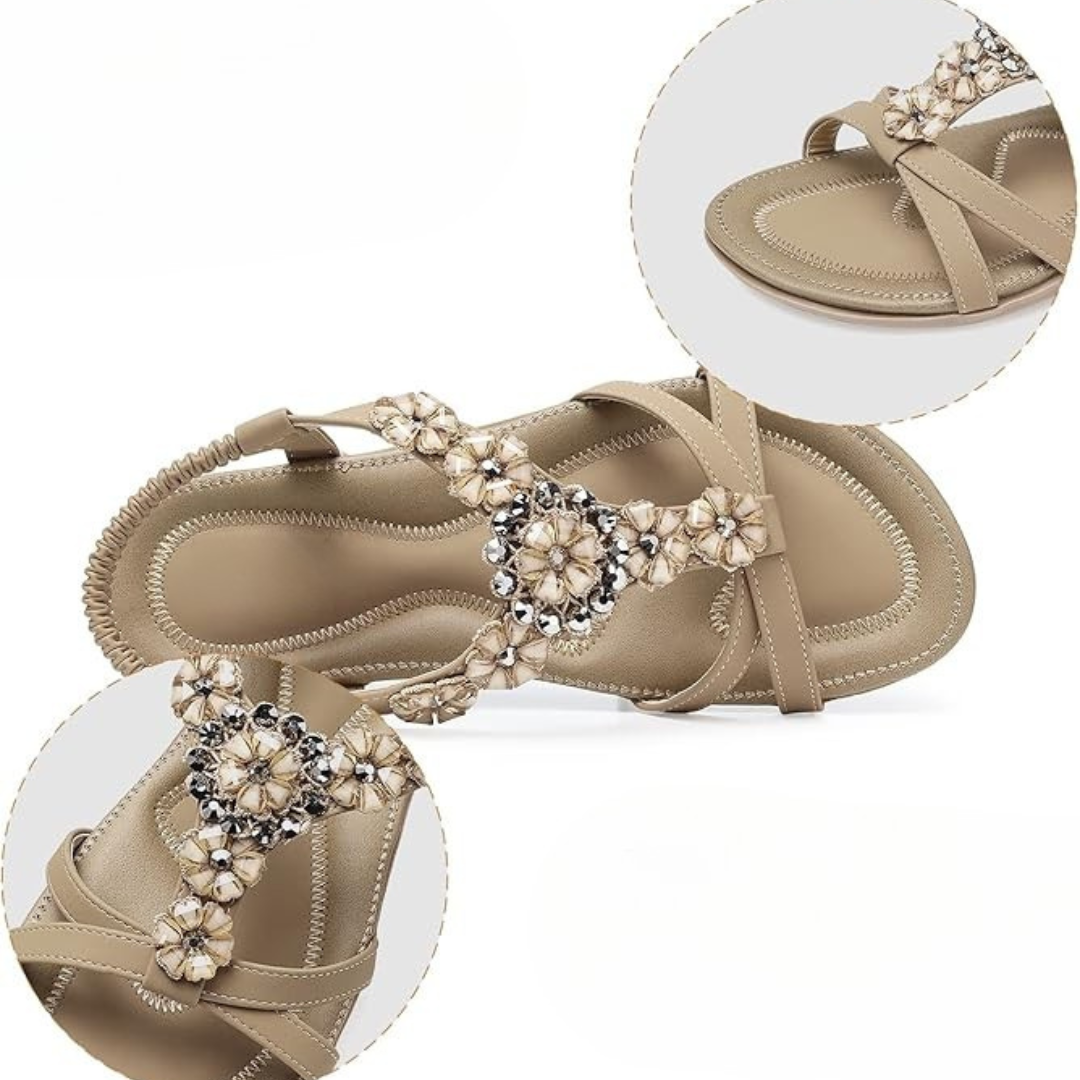 Sandalias Mujer Florabelle | Diseño Floral con Pedrería, Plantilla Acolchada y Suela Antideslizante – Color Beige