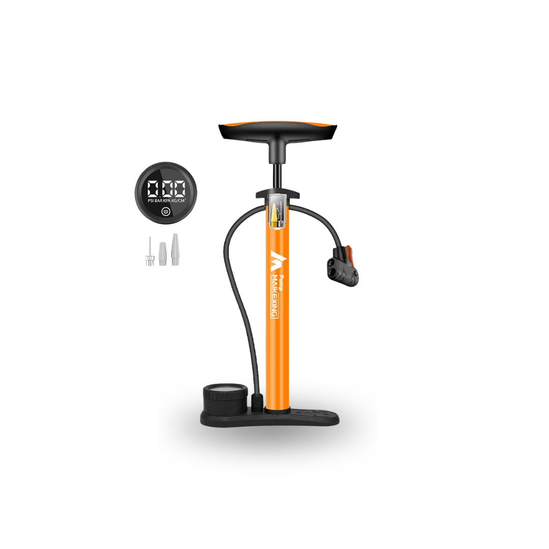 Bomba de aire manual portátil 11 bar con manómetro y adaptador 3 en 1 para bicicleta coche moto — Naranja