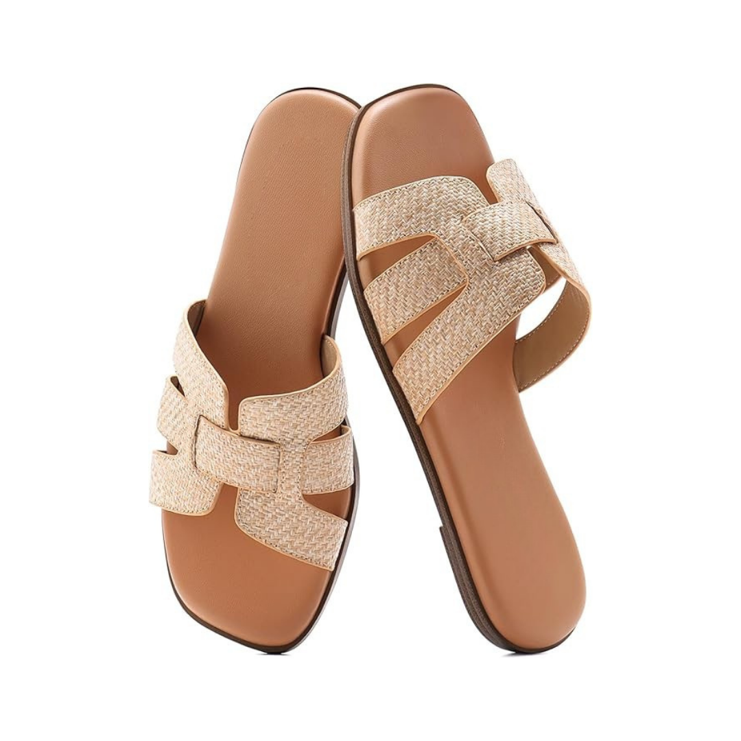 Sandalias Planas Mujer Athlefit | Estilo Moderno, Comodidad con Espuma y Punta Cuadrada Abierta – Color Raffia