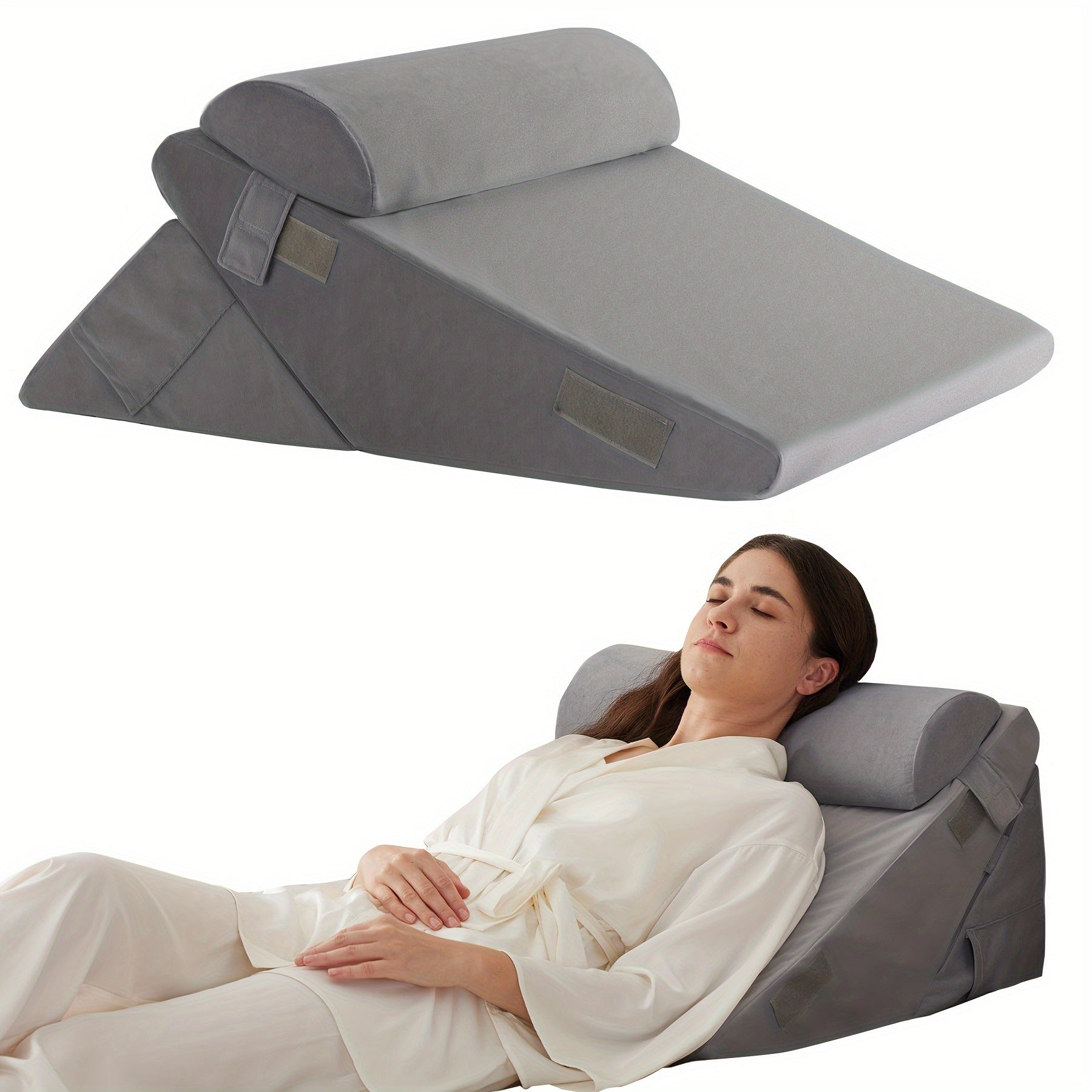 Cojín Cuña Ajustable para Cama – Soporte Lumbar y Piernas con Espuma Viscoelástica — Terciopelo Gris