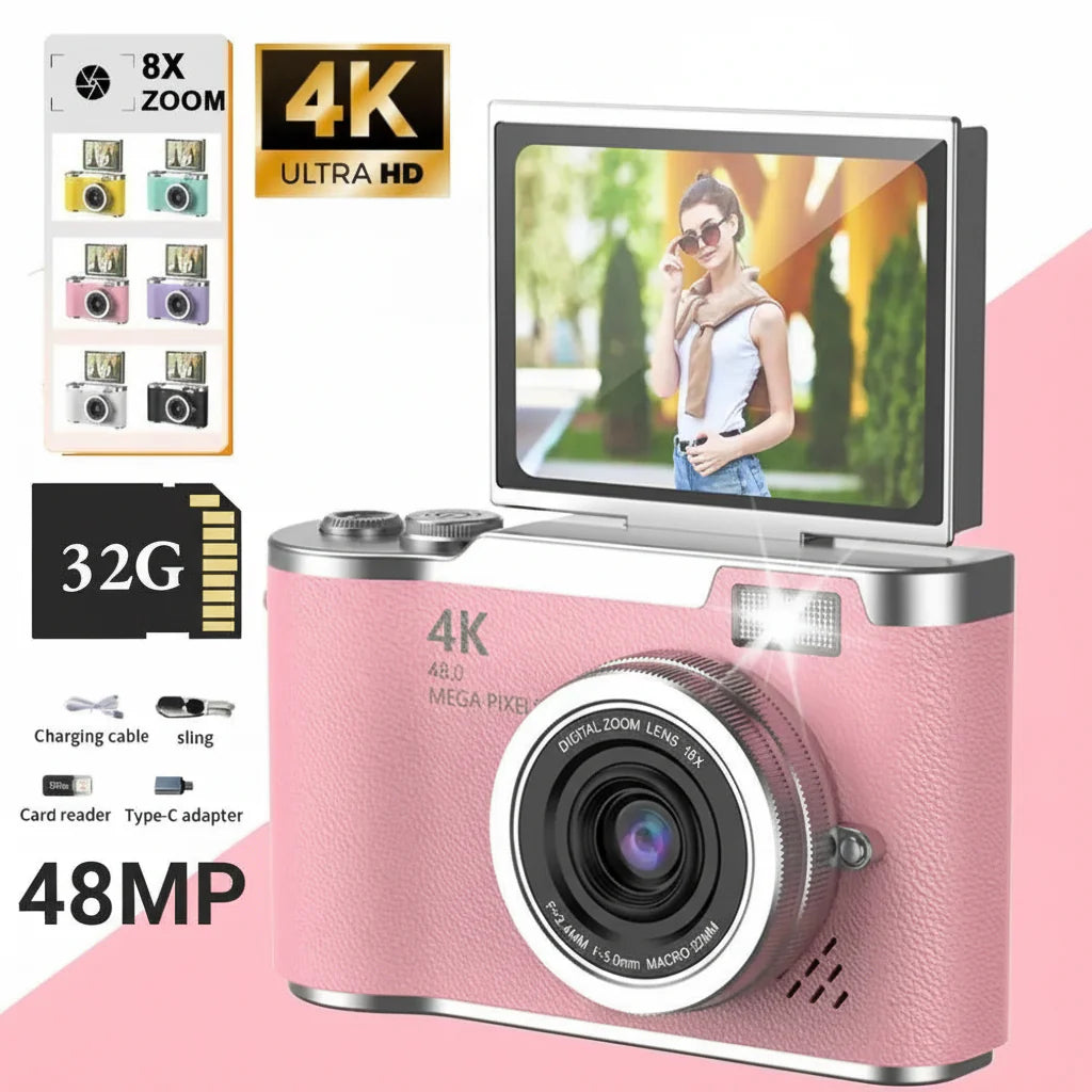 Cámara digital 4K con pantalla abatible, 48 MP, zoom óptico de 8x, compacta para fotos y vídeos