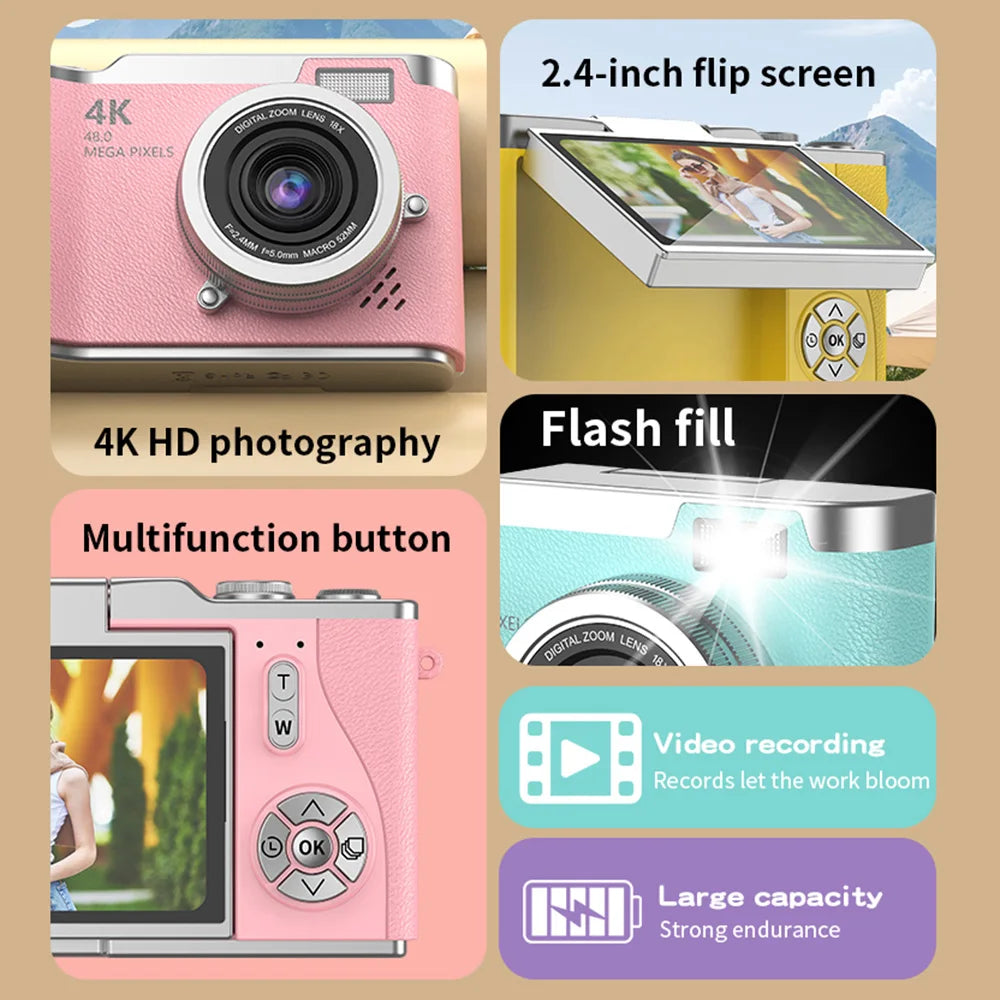 Cámara digital 4K con pantalla abatible, 48 MP, zoom óptico de 8x, compacta para fotos y vídeos