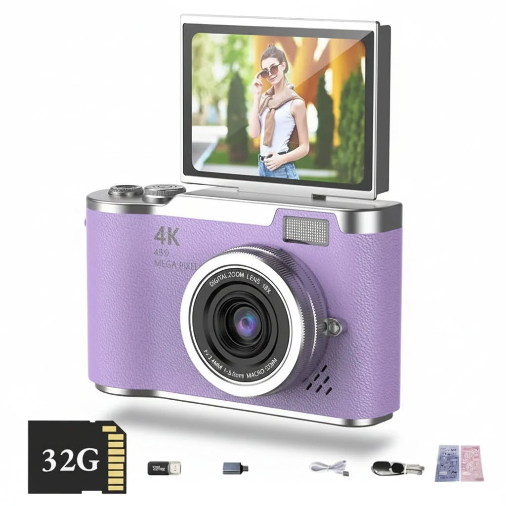Cámara Digital 4K 48MP con Pantalla Abatible 180° y Zoom 8X — Morado