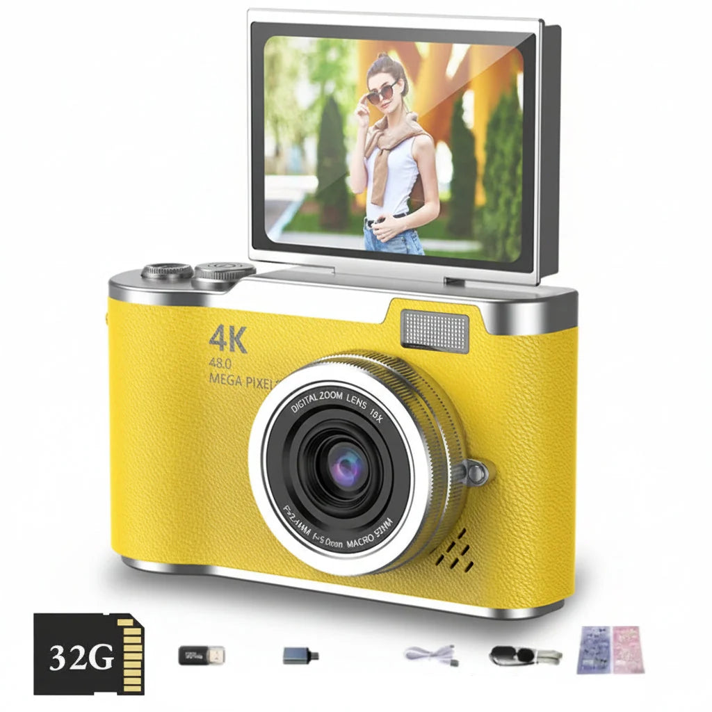 Cámara Digital 4K 48MP con Pantalla Abatible 180° y Zoom 8X — Amarillo