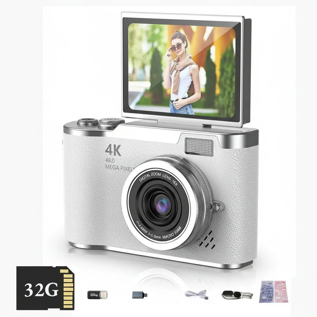 Cámara Digital 4K 48MP con Pantalla Abatible 180° y Zoom 8X — Blanco