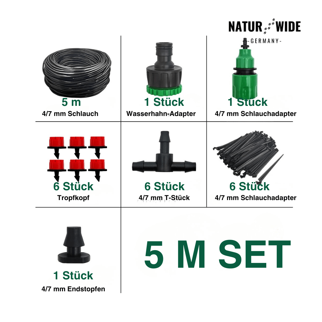 Kit de riego por goteo ajustable para jardín y terraza – Sistema de microaspersión con nebulizadores regulables — 5M