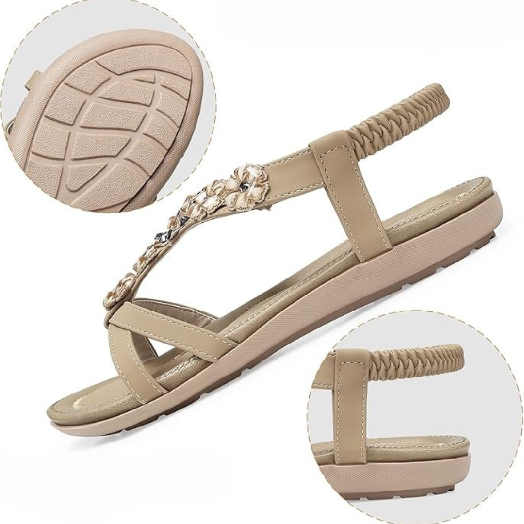 Sandalias Mujer Florabelle | Diseño Floral con Pedrería, Plantilla Acolchada y Suela Antideslizante – Color Beige