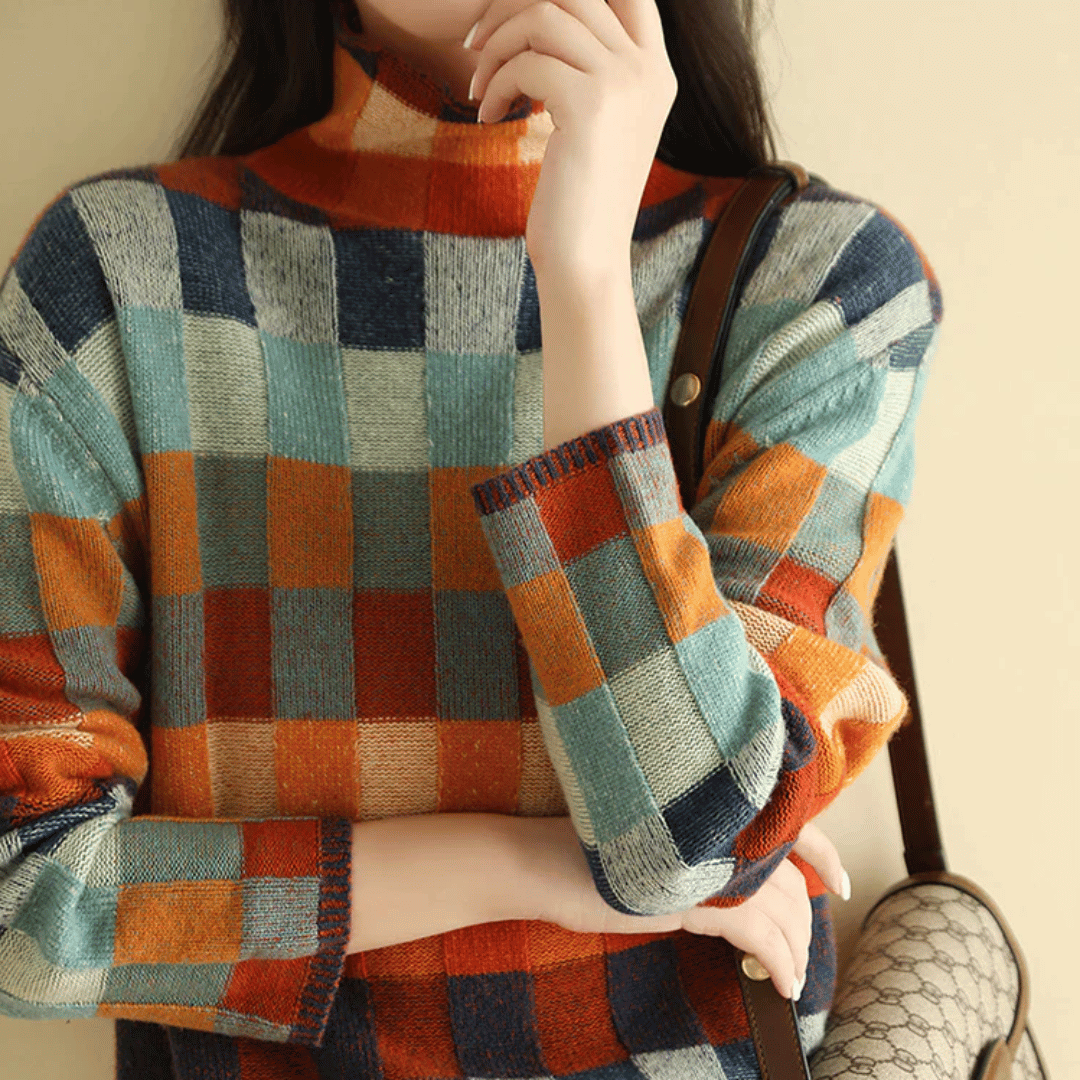 Jersey de Cuello Alto en Suave Cachemira | Diseño Patchwork Elegante
