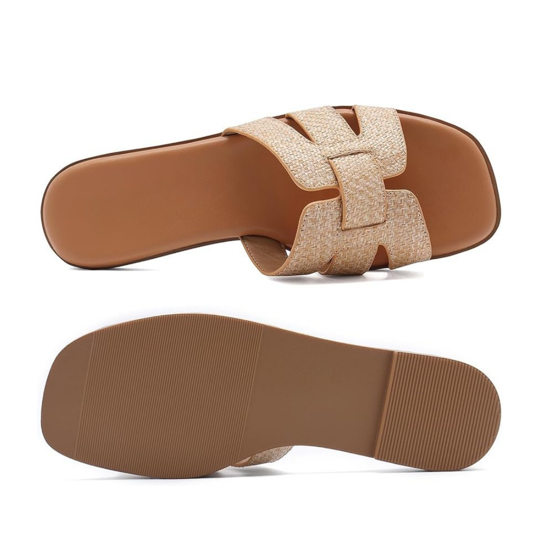Sandalias Planas Mujer Athlefit | Estilo Moderno, Comodidad con Espuma y Punta Cuadrada Abierta – Color Raffia