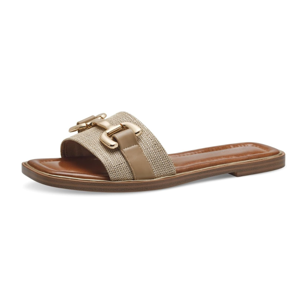 Sandalias Planas Mujer Milano | Punta Cuadrada, Comodidad Elegante y Detalle Dorado – Color Raffia