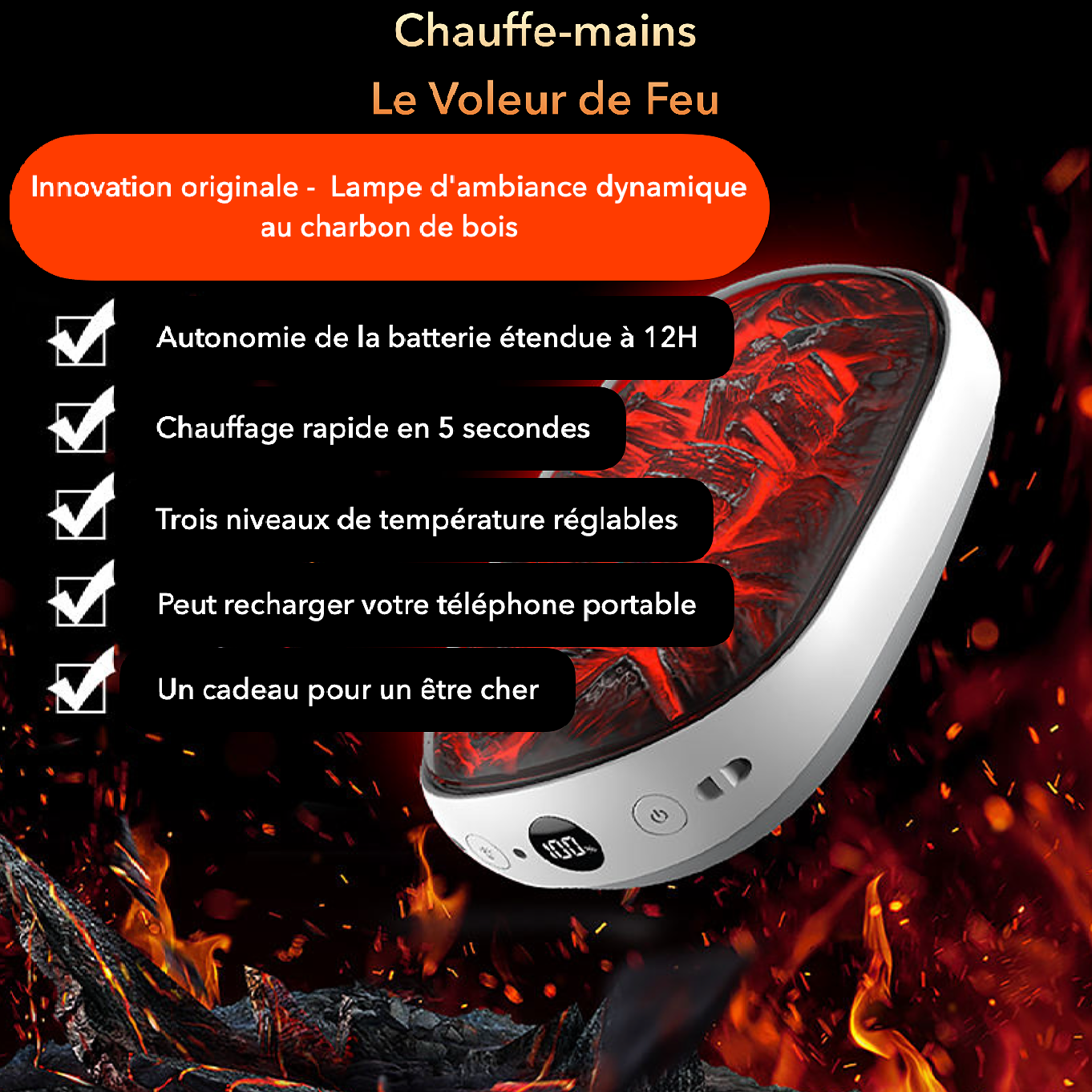 Calentador de Manos Recargable con Efecto Llama Calora™ – Calor rápido, 3 niveles, USB-C, batería externa 2000 mAh