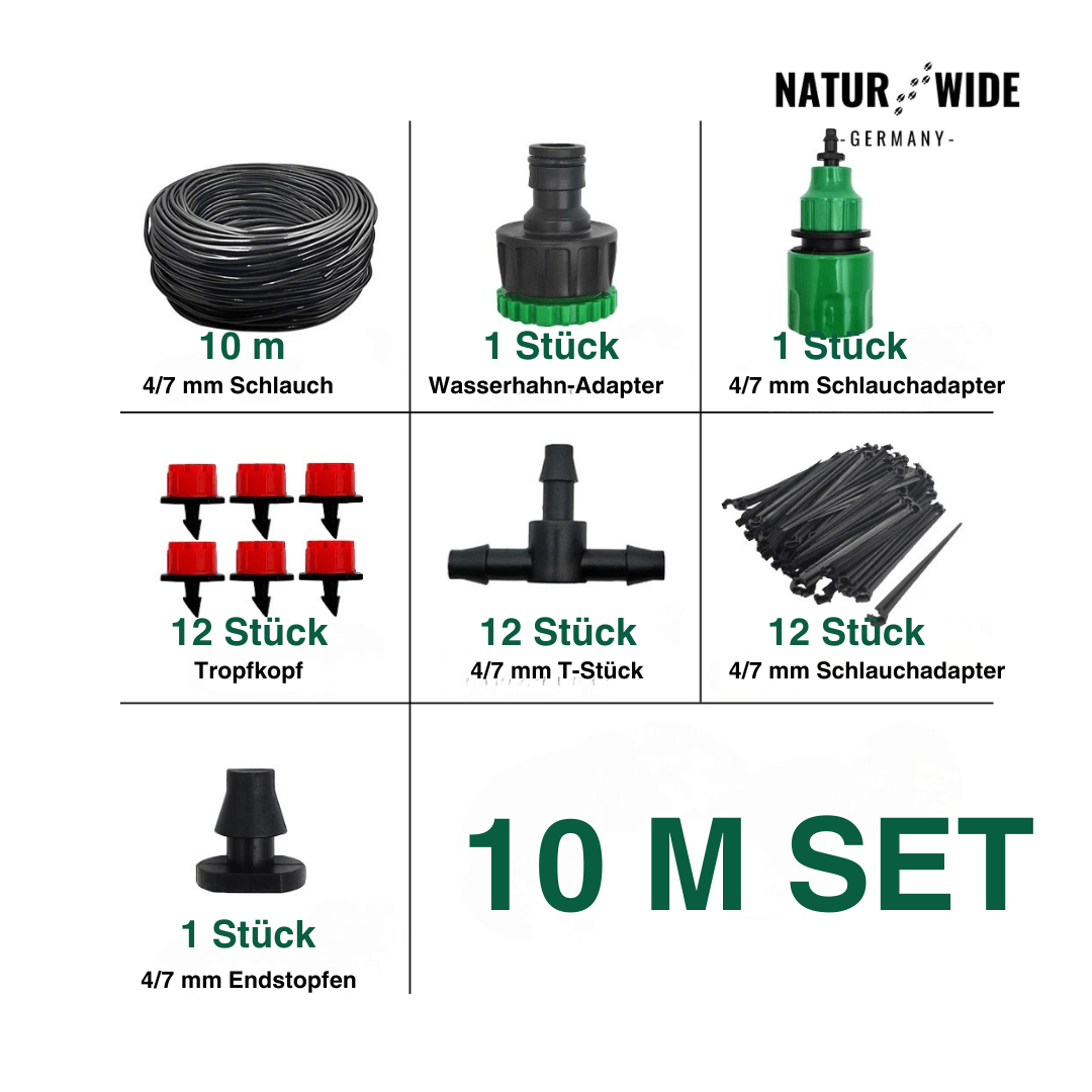 Kit de riego por goteo ajustable para jardín y terraza – Sistema de microaspersión con nebulizadores regulables — 10M