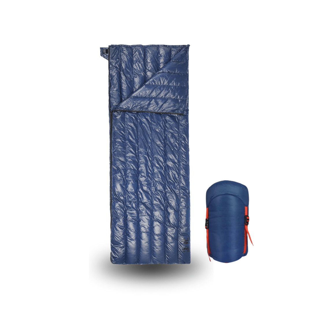 Saco de dormir plumón de oca 90% ultraligero 200×74 cm 3 estaciones sobre — Azul medianoche