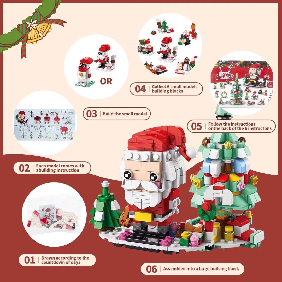 Calendario de Adviento de Navidad – Set de Bloques 6 en 1 con Santa y Árbol