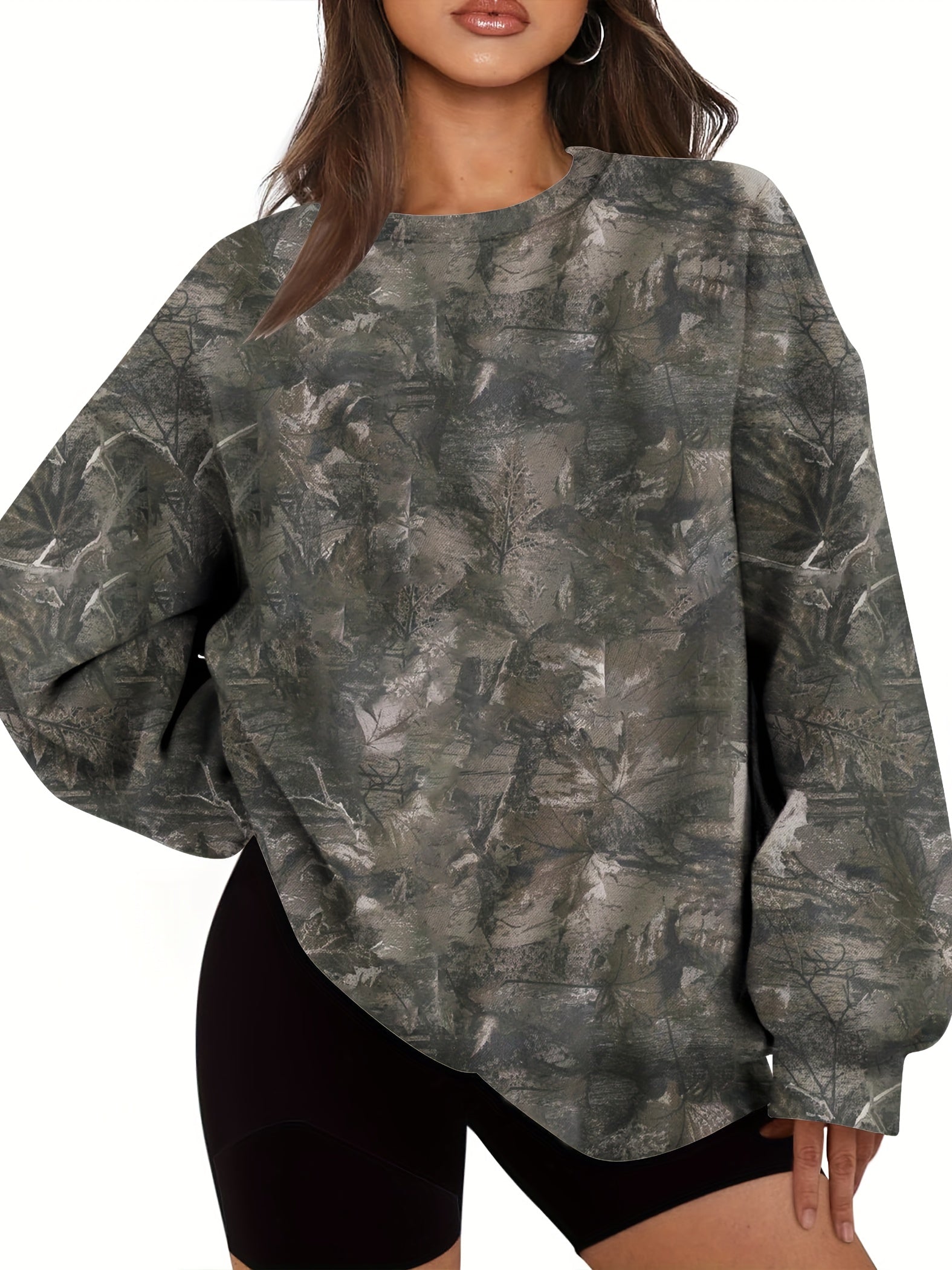 UrbanLeaf™ Sudadera Oversize Camuflaje para Mujer – Jersey Holgado de Manga Larga con Puños Acanalados