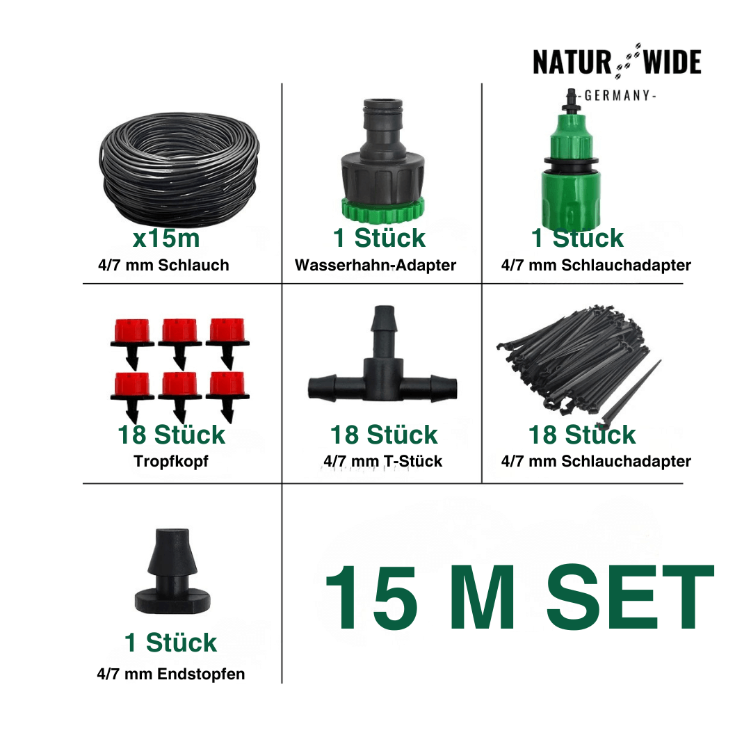 Kit de riego por goteo ajustable para jardín y terraza – Sistema de microaspersión con nebulizadores regulables — 15M
