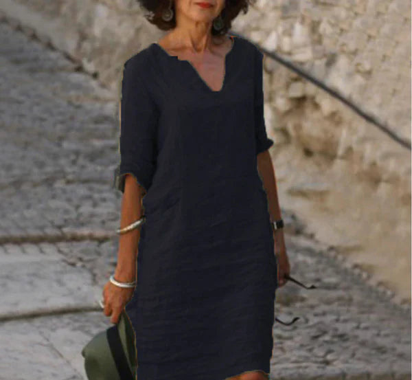 Solènea | Vestido Largo de Lino con Mangas 3/4 y Escote en V