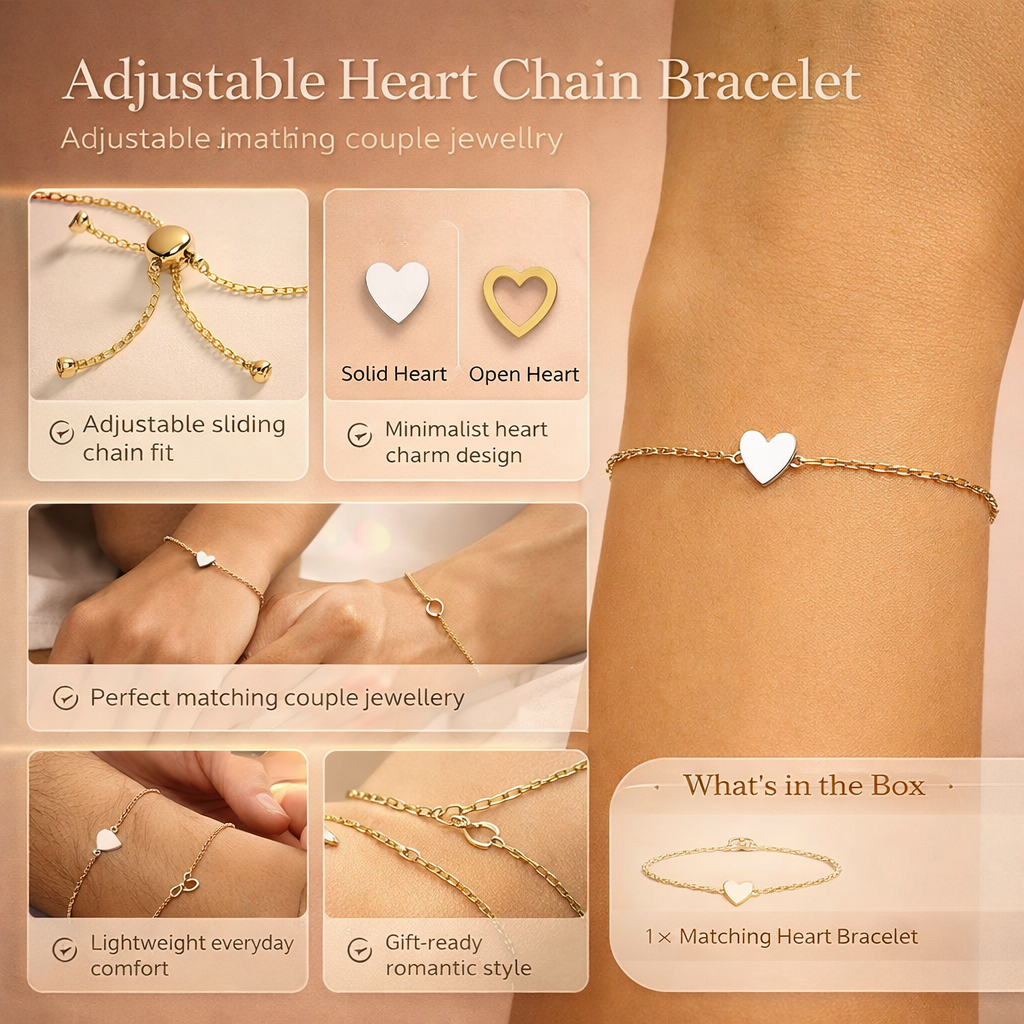 Pulsera ajustable de cadena con corazón, joyería para parejas a juego