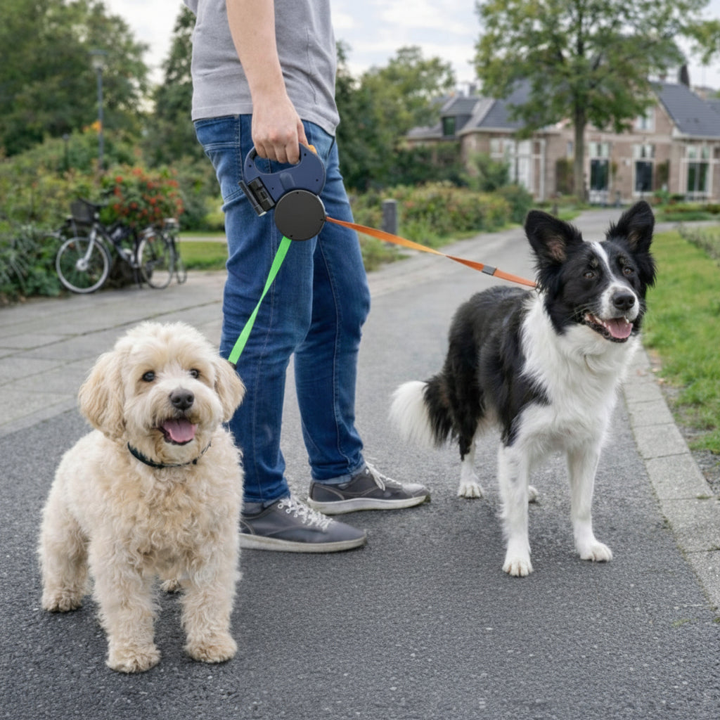 Correa para perros doble retráctil, sin enredos, para pasear a dos perros