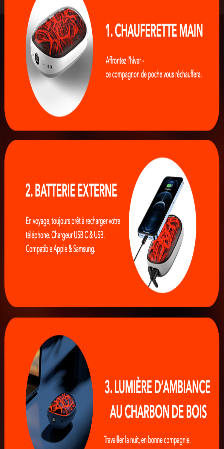 Calentador de Manos Recargable con Efecto Llama Calora™ – Calor rápido, 3 niveles, USB-C, batería externa 2000 mAh