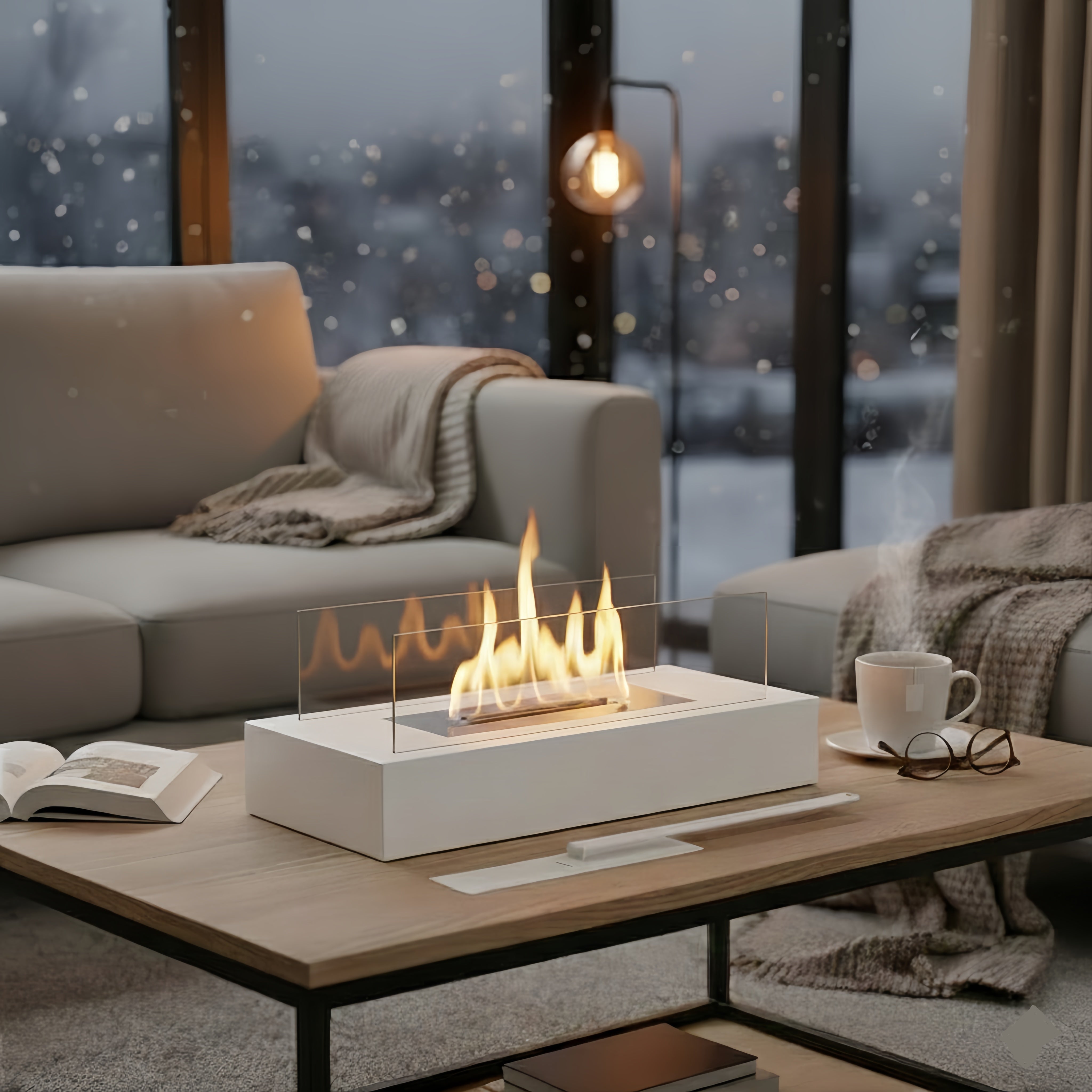 Chimenea de mesa rectangular premium de bioetanol - vidrio de borosilicato y acero de alta calidad