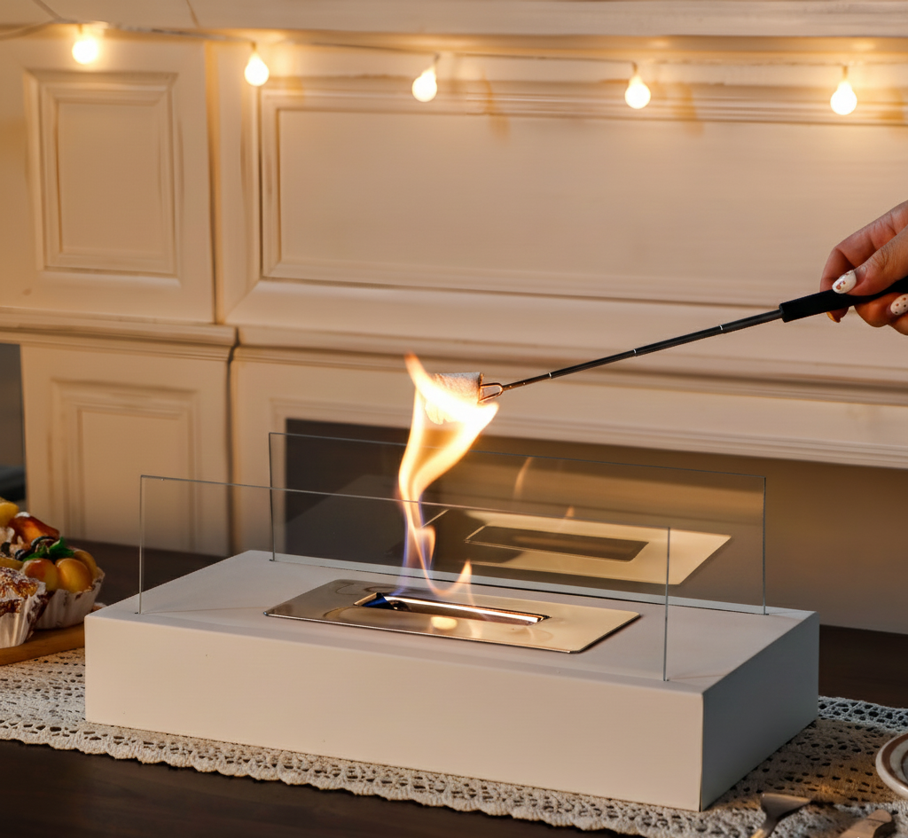 Chimenea de mesa rectangular premium de bioetanol - vidrio de borosilicato y acero de alta calidad