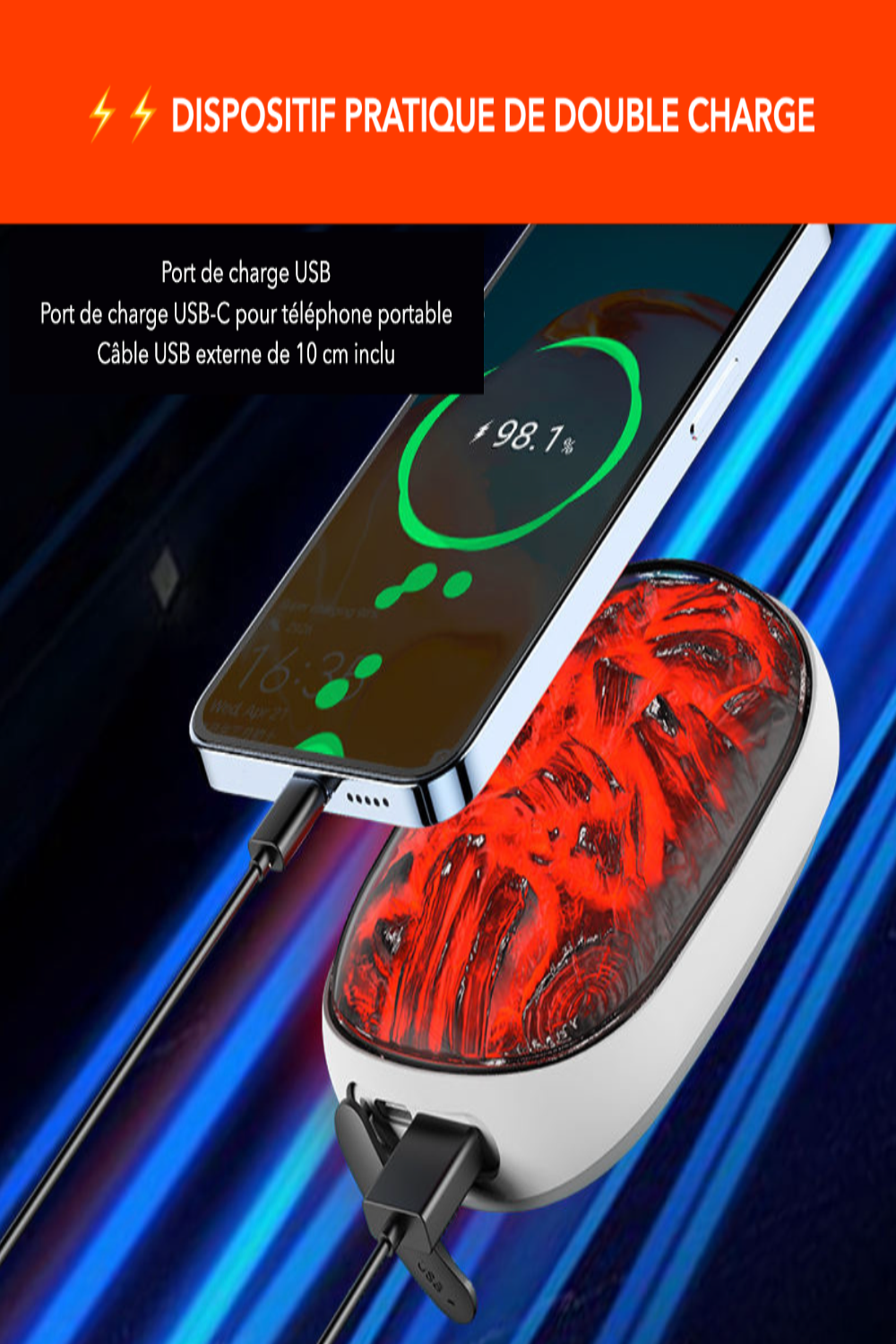 Calentador de Manos Recargable con Efecto Llama Calora™ – Calor rápido, 3 niveles, USB-C, batería externa 2000 mAh