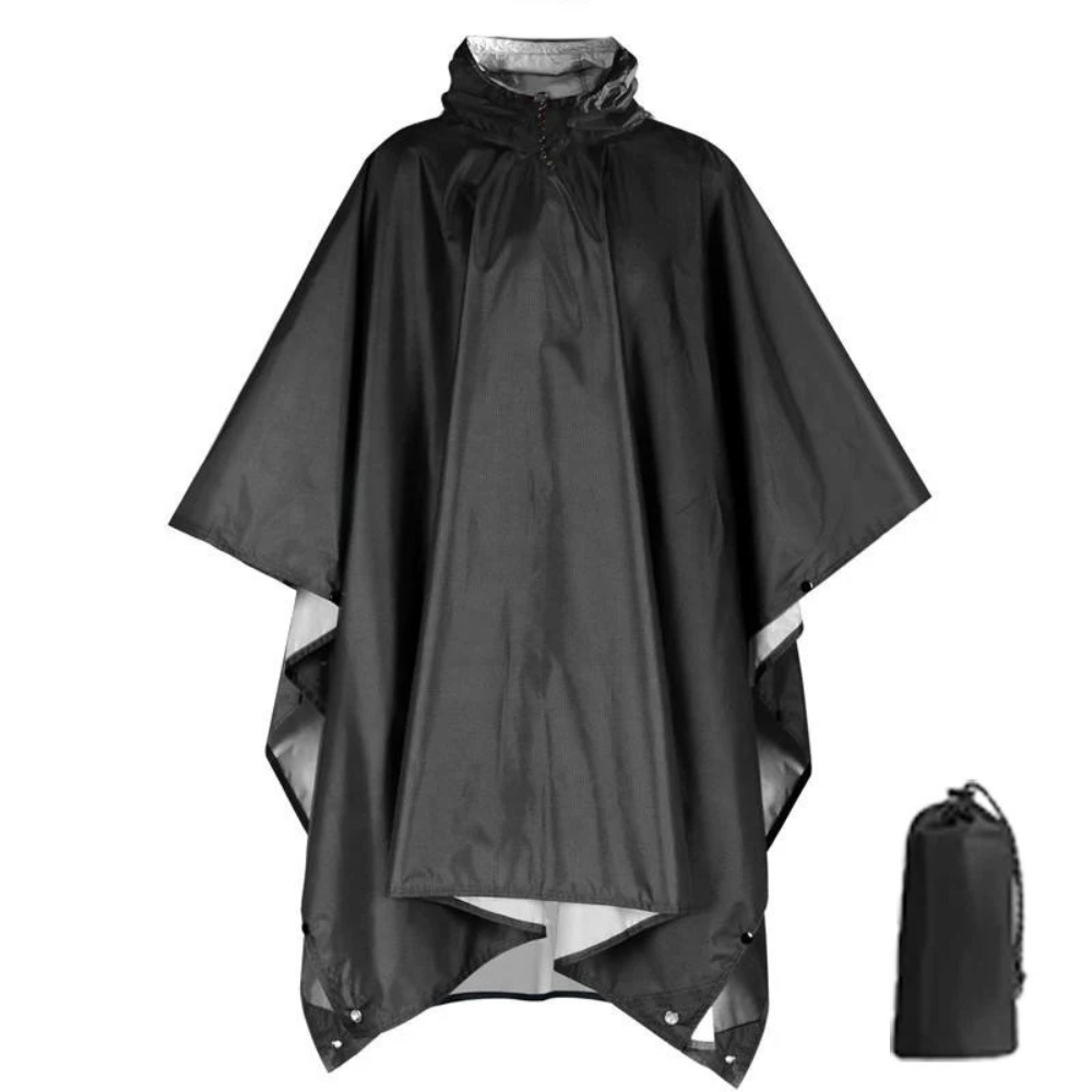 Poncho impermeable 3 en 1 multiusos con capucha, protección contra lluvia y viento — Negro