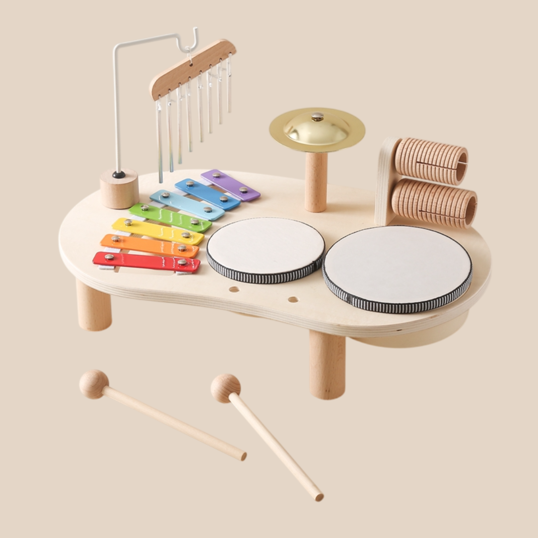 Mesa Musical de Madera para Niños – Incluye Xilófono, Tambores y Platillos