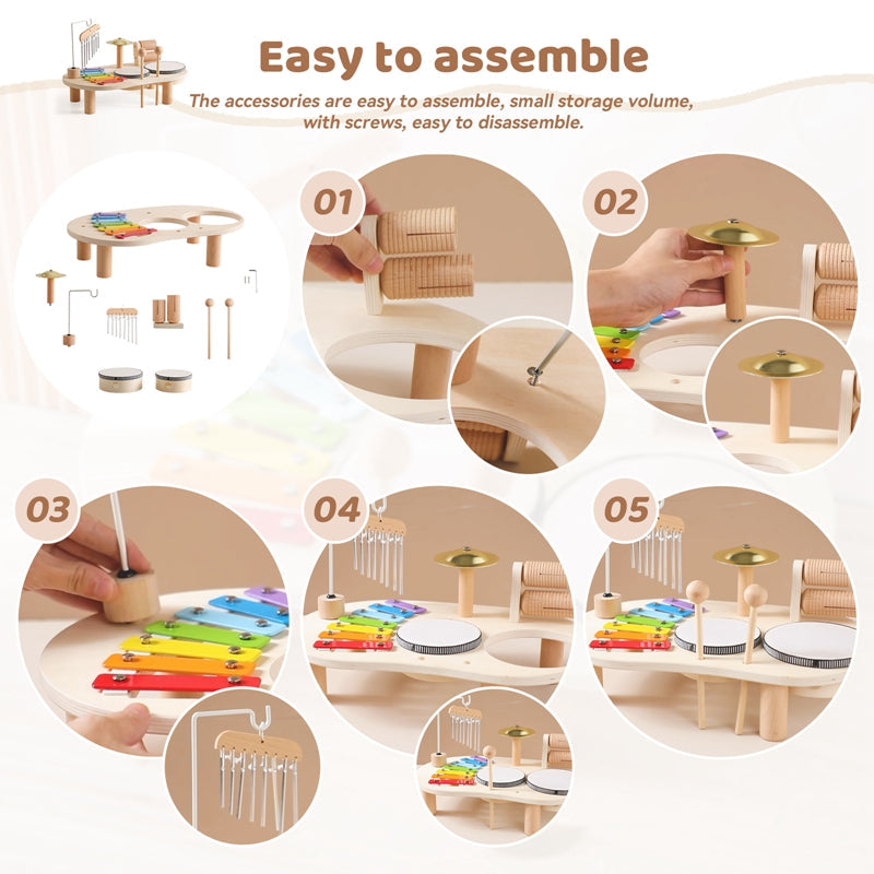 Mesa Musical de Madera para Niños – Incluye Xilófono, Tambores y Platillos