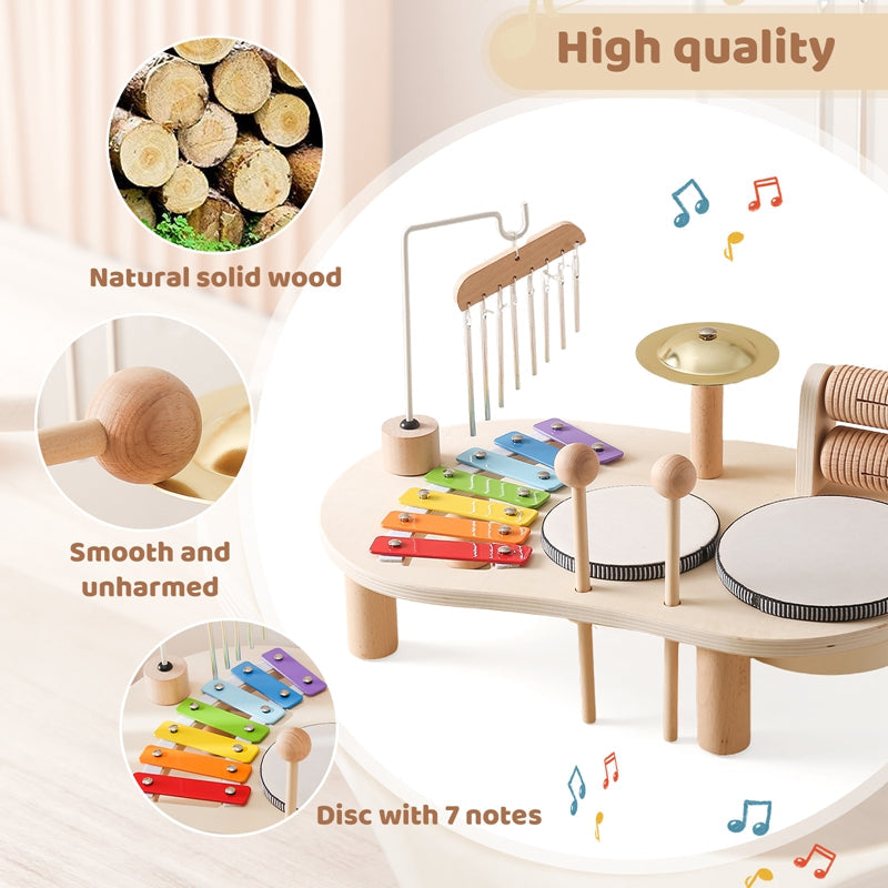Mesa Musical de Madera para Niños – Incluye Xilófono, Tambores y Platillos