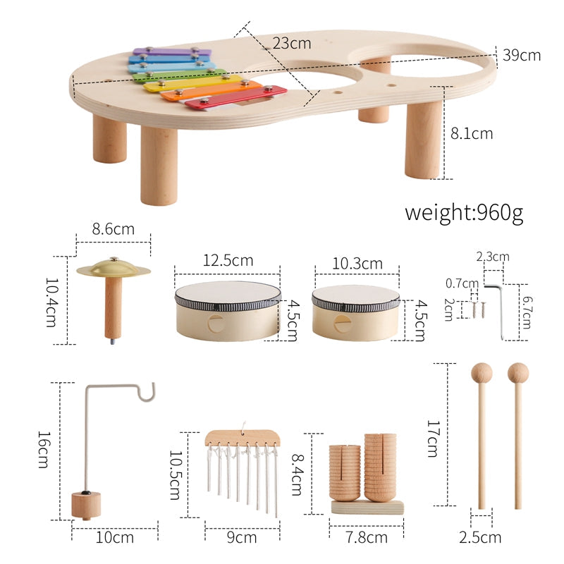 Mesa Musical de Madera para Niños – Incluye Xilófono, Tambores y Platillos