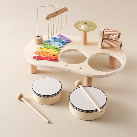 Mesa Musical de Madera para Niños – Incluye Xilófono, Tambores y Platillos
