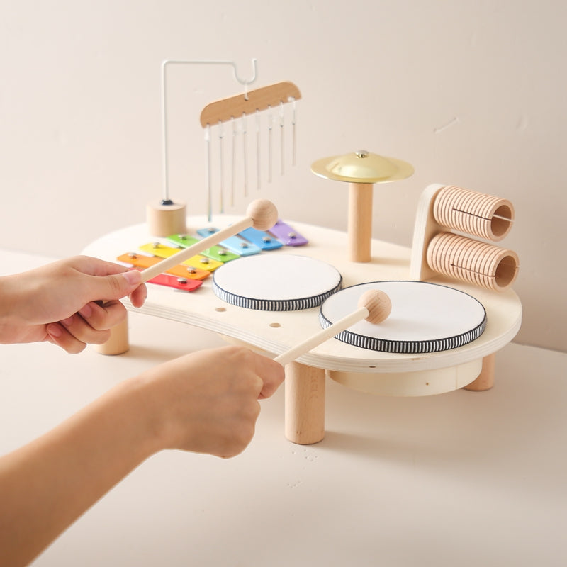 Mesa Musical de Madera para Niños – Incluye Xilófono, Tambores y Platillos