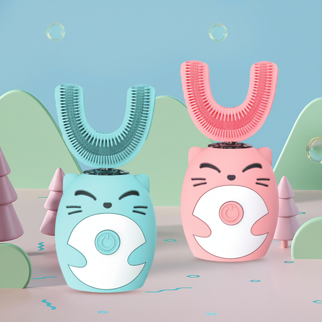 Cepillo de dientes eléctrico sónico para niños, con forma de U, de silicona, automático