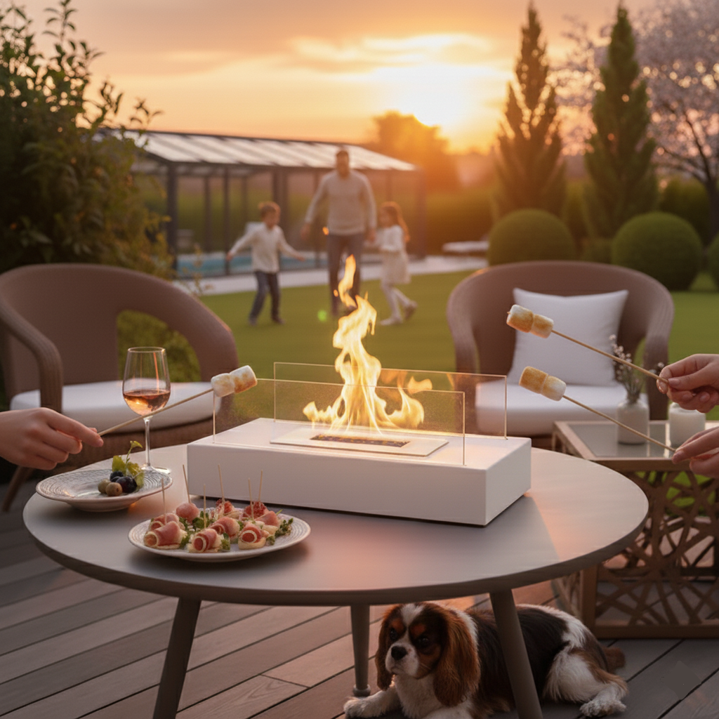 Chimenea de mesa rectangular premium de bioetanol - vidrio de borosilicato y acero de alta calidad